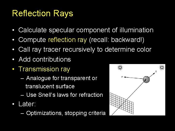 Reflection Rays • • • Calculate specular component of illumination Compute reflection ray (recall: