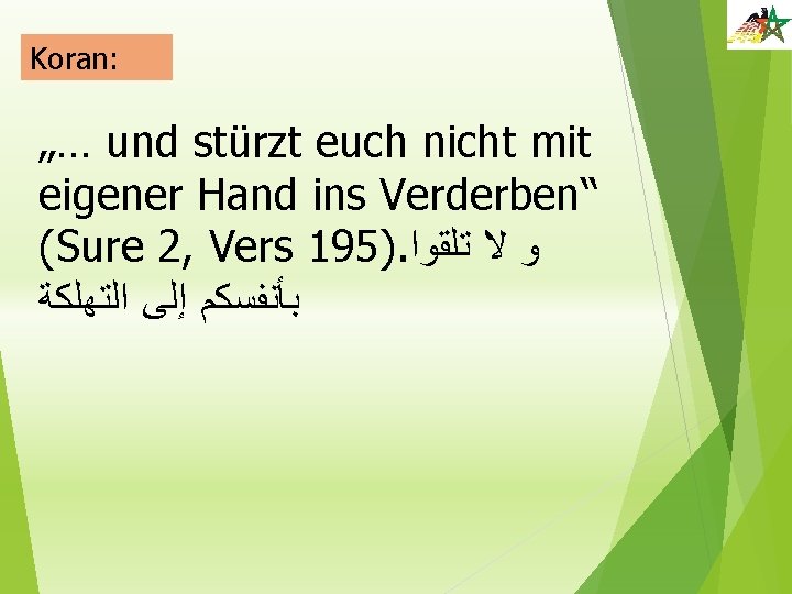 Koran: „… und stürzt euch nicht mit eigener Hand ins Verderben“ (Sure 2, Vers