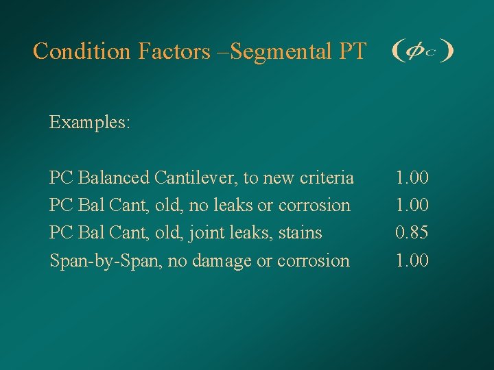 Condition Factors –Segmental PT Examples: PC Balanced Cantilever, to new criteria PC Bal Cant,