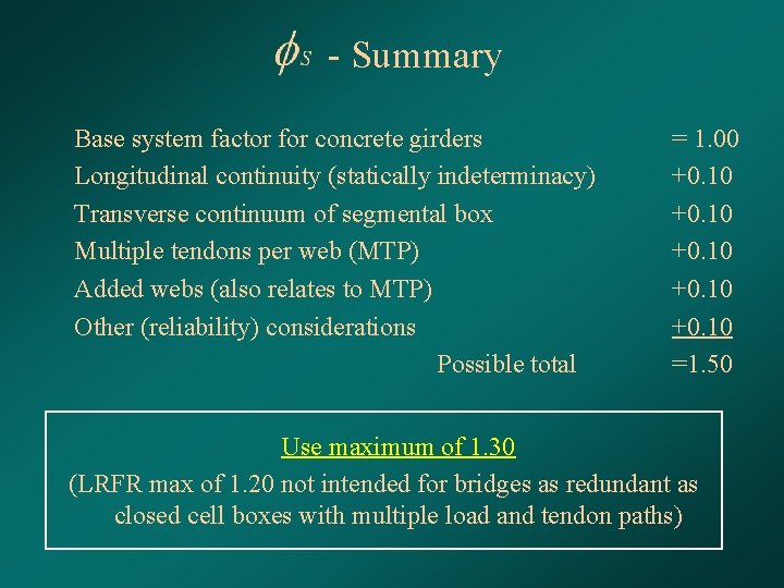 - Summary Base system factor for concrete girders Longitudinal continuity (statically indeterminacy) Transverse continuum