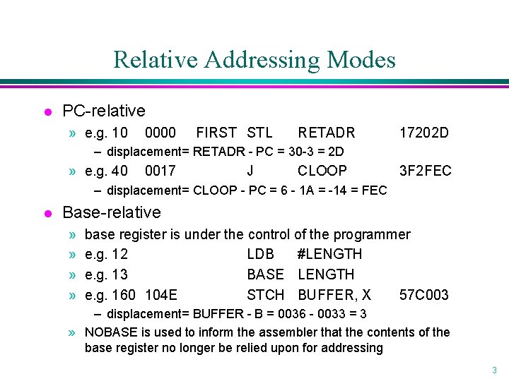 Relative Addressing Modes l PC-relative » e. g. 10 0000 FIRST STL RETADR 17202 Relative Addressing Modes l PC-relative » e. g. 10 0000 FIRST STL RETADR 17202