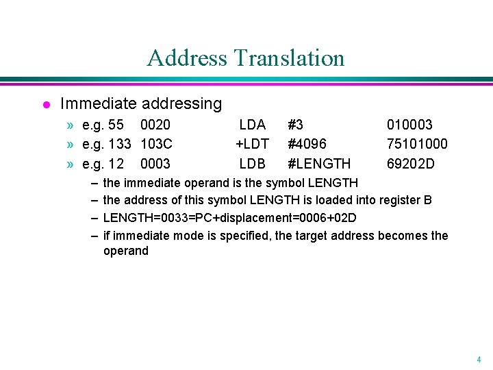 Address Translation l Immediate addressing » e. g. 55 0020 » e. g. 133 Address Translation l Immediate addressing » e. g. 55 0020 » e. g. 133