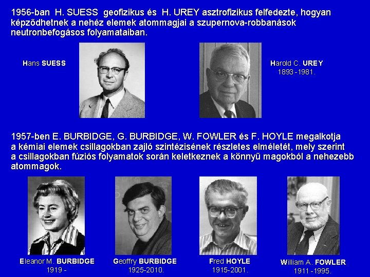 1956 -ban H. SUESS geofizikus és H. UREY asztrofizikus felfedezte, hogyan képződhetnek a nehéz