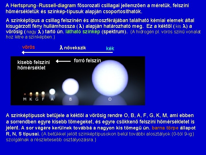 A Hertsprung Russell-diagram fősorozati csillagai jellemzően a méretük, felszíni hőmérsékletük és színkép-típusuk alapján csoportosíthatók.