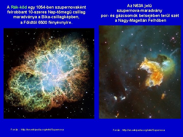 A Rák-köd egy 1054 -ben szupernovaként felrobbant 10 -szeres Nap-tömegű csillag maradványa a Bika-csillagképben,