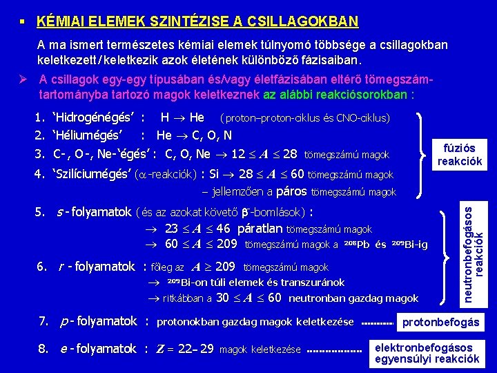 § KÉMIAI ELEMEK SZINTÉZISE A CSILLAGOKBAN A ma ismert természetes kémiai elemek túlnyomó többsége