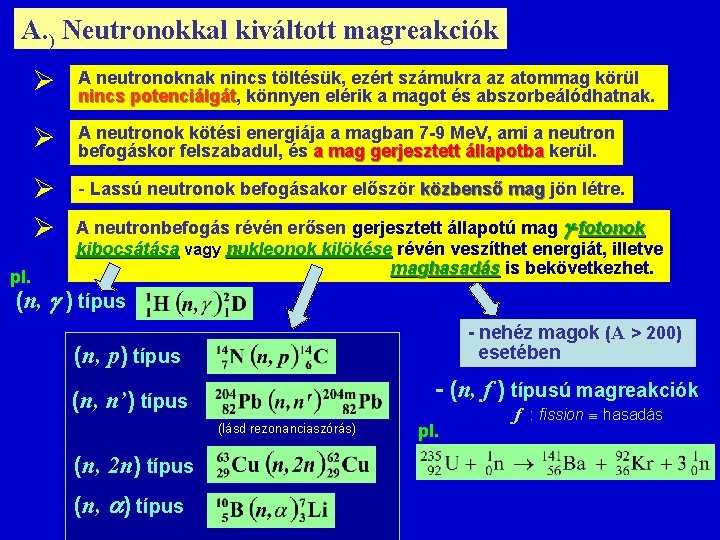 A. ) Neutronokkal kiváltott magreakciók pl. Ø A neutronoknak nincs töltésük, ezért számukra az