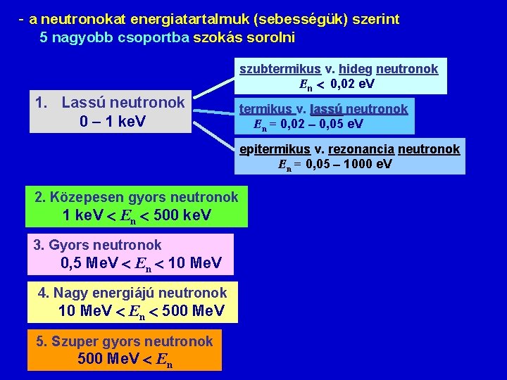 - a neutronokat energiatartalmuk (sebességük) szerint 5 nagyobb csoportba szokás sorolni szubtermikus v. hideg