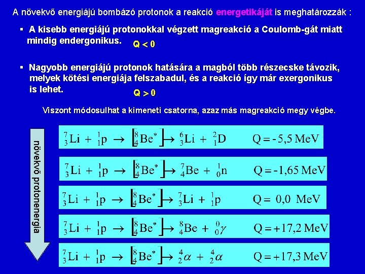 A növekvő energiájú bombázó protonok a reakció energetikáját is meghatározzák : § A kisebb