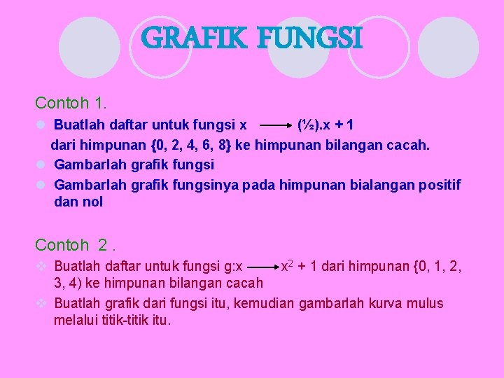 GRAFIK FUNGSI Contoh 1. l Buatlah daftar untuk fungsi x (½). x + 1