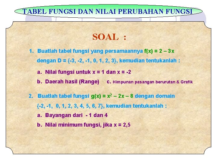 TABEL FUNGSI DAN NILAI PERUBAHAN FUNGSI SOAL : 1. Buatlah tabel fungsi yang persamaannya