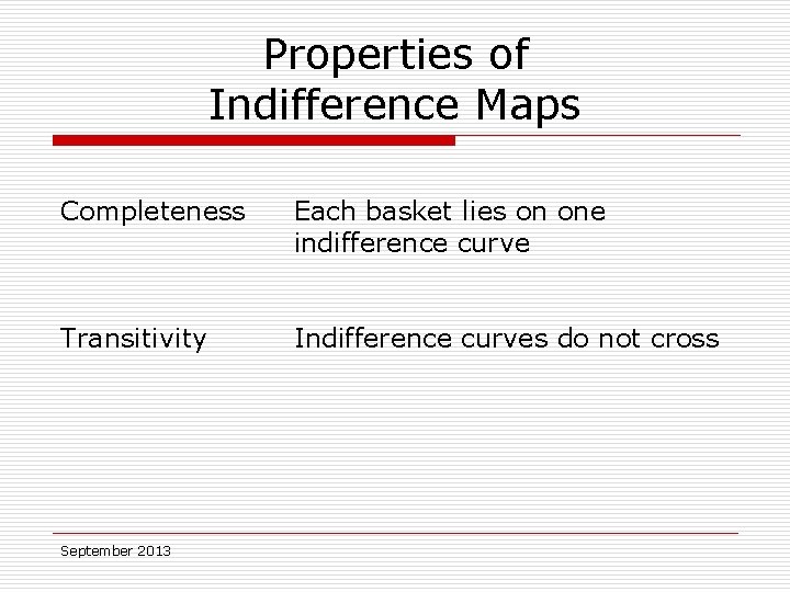 Properties of Indifference Maps Completeness Each basket lies on one indifference curve Transitivity Indifference