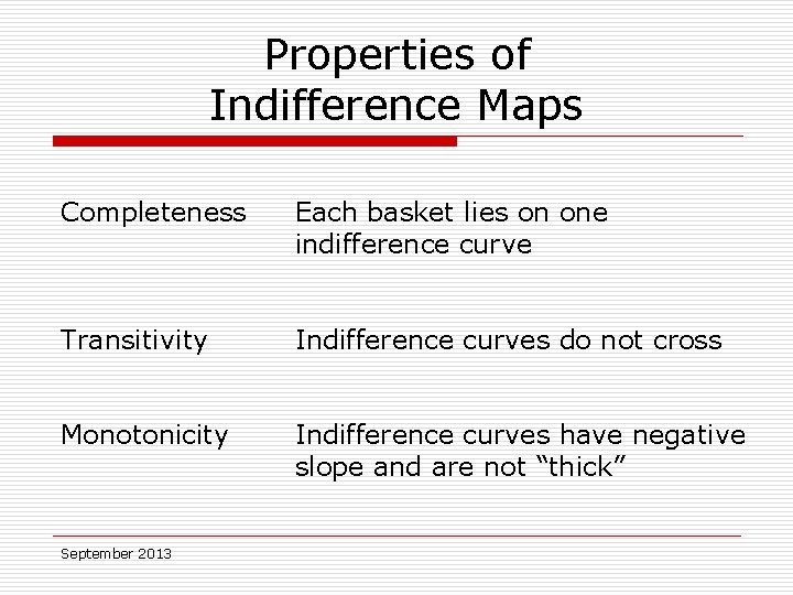 Properties of Indifference Maps Completeness Each basket lies on one indifference curve Transitivity Indifference