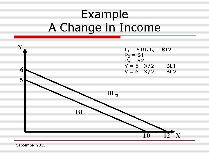 Example A Change in Income Y I 1 = $10, I 2 = $12