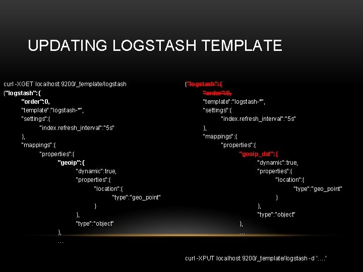 UPDATING LOGSTASH TEMPLATE curl -XGET localhost: 9200/_template/logstash {"logstash": { "order": 0, "template": "logstash-*", "settings":
