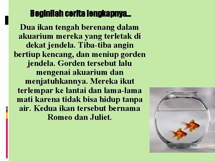 Beginilah cerita lengkapnya… Dua ikan tengah berenang dalam akuarium mereka yang terletak di dekat