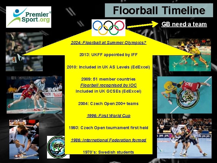 Floorball Timeline GB need a team 2024: Floorball at Summer Olympics? 2013: UKFF appointed