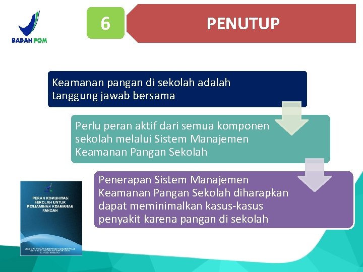 6 PENUTUP Keamanan pangan di sekolah adalah tanggung jawab bersama Perlu peran aktif dari