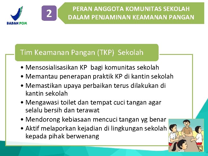 2 PERAN ANGGOTA KOMUNITAS SEKOLAH DALAM PENJAMINAN KEAMANAN PANGAN Tim Keamanan Pangan (TKP) Sekolah