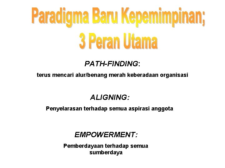 PATH-FINDING: terus mencari alur/benang merah keberadaan organisasi ALIGNING: Penyelarasan terhadap semua aspirasi anggota EMPOWERMENT: