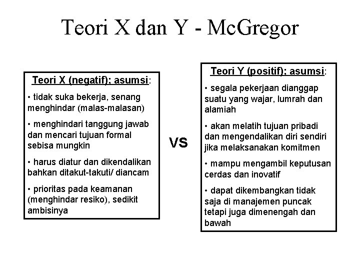 Teori X dan Y - Mc. Gregor Teori Y (positif); asumsi: Teori X (negatif);