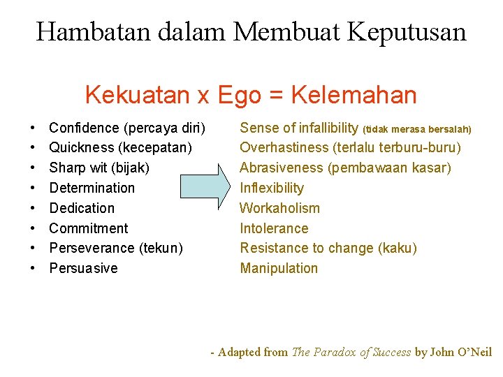 Hambatan dalam Membuat Keputusan Kekuatan x Ego = Kelemahan • • Confidence (percaya diri)