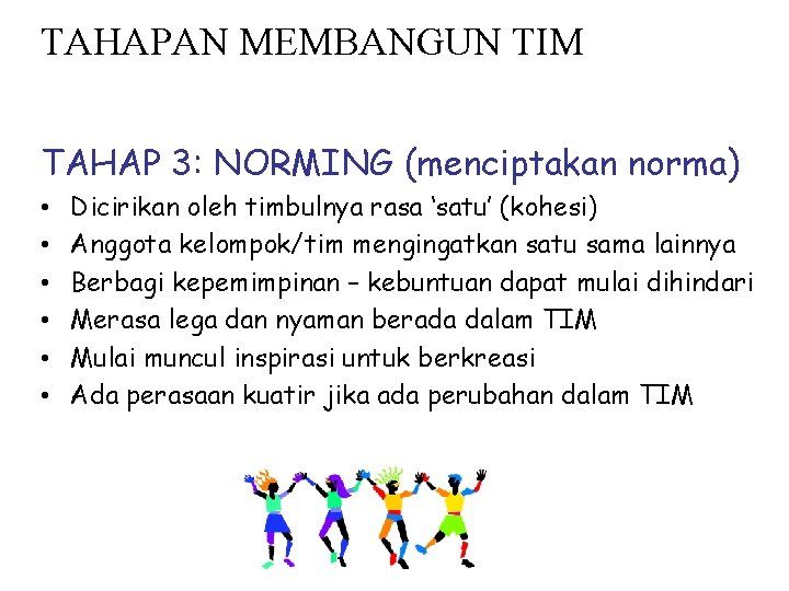 TAHAPAN MEMBANGUN TIM TAHAP 3: NORMING (menciptakan norma) • • • Dicirikan oleh timbulnya