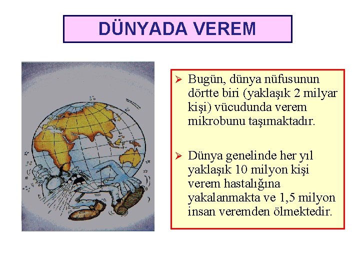 DÜNYADA VEREM Ø Bugün, dünya nüfusunun dörtte biri (yaklaşık 2 milyar kişi) vücudunda verem