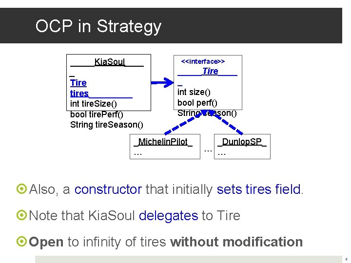 OCP in Strategy _____Kia. Soul____ _ Tire tires_____ int tire. Size() bool tire. Perf()