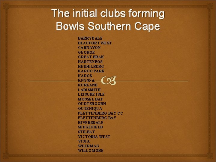 The initial clubs forming Bowls Southern Cape BARRYDALE BEAUFORT WEST CARNAVON GEORGE GREAT BRAK