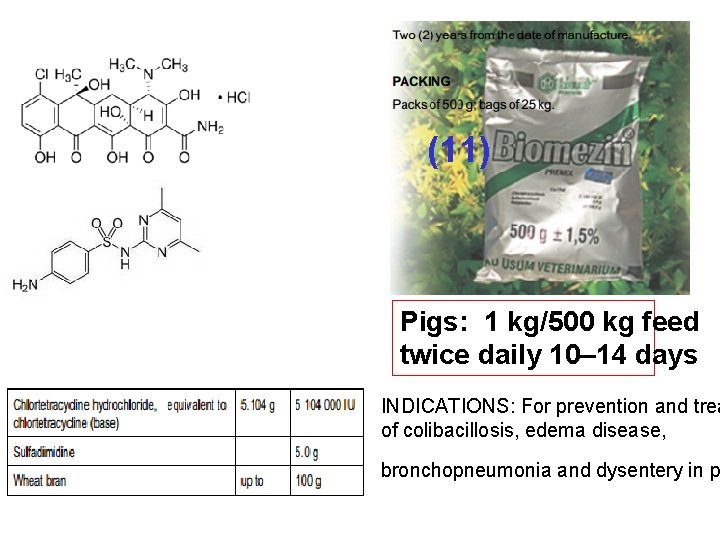 (11) Pigs: 1 kg/500 kg feed twice daily 10– 14 days INDICATIONS: For prevention