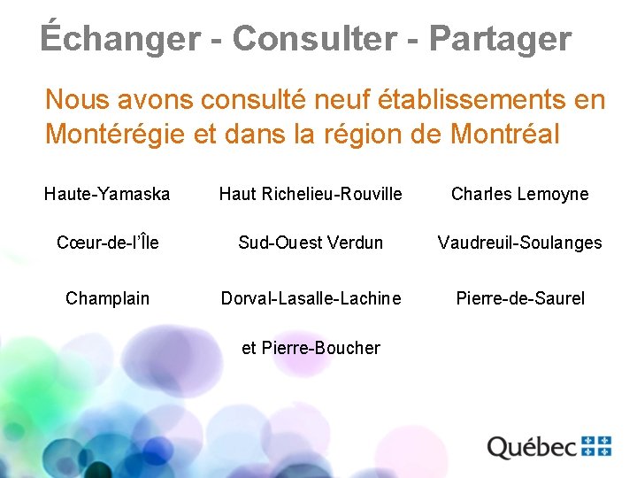 Échanger - Consulter - Partager Nous avons consulté neuf établissements en Montérégie et dans