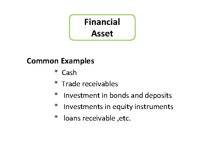 Financial Asset Common Examples * Cash * Trade receivables * Investment in bonds and