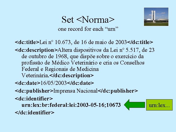 Set <Norma> one record for each “urn” <dc: title>Lei nº 10. 673, de 16