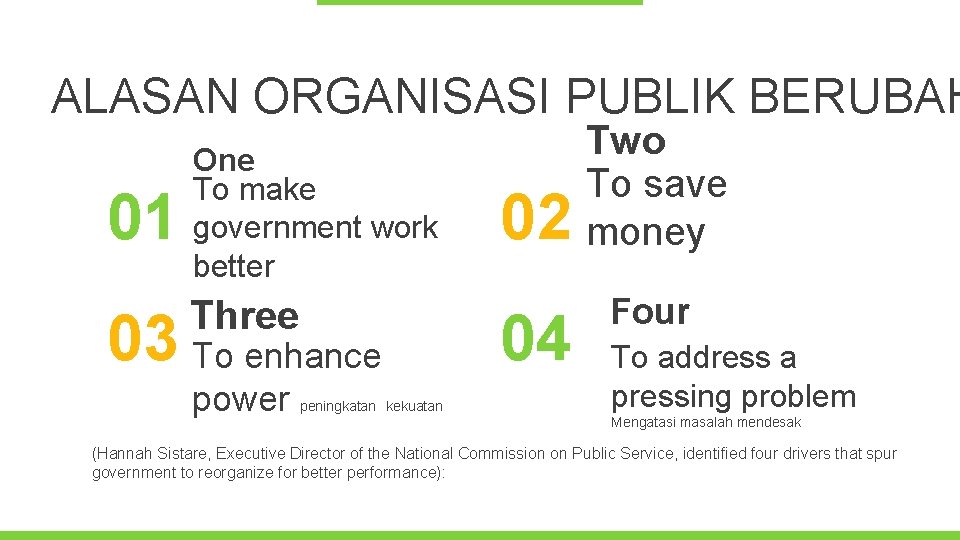 ALASAN ORGANISASI PUBLIK BERUBAH 01 One To make government work better Three 03 To