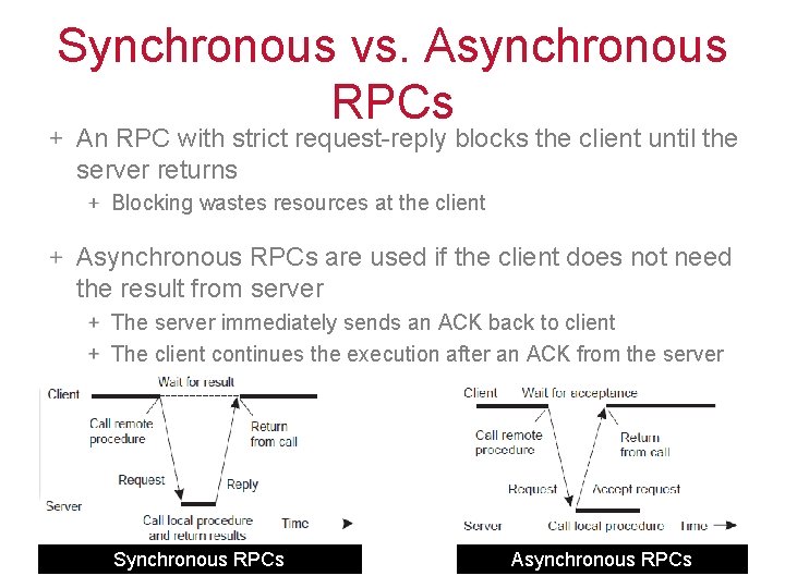 Synchronous vs. Asynchronous RPCs An RPC with strict request-reply blocks the client until the