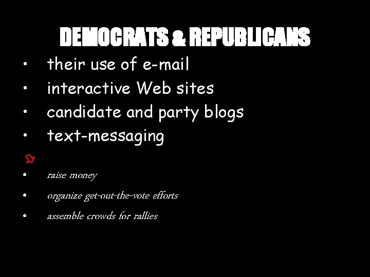 DEMOCRATS & REPUBLICANS • • their use of e-mail interactive Web sites candidate and