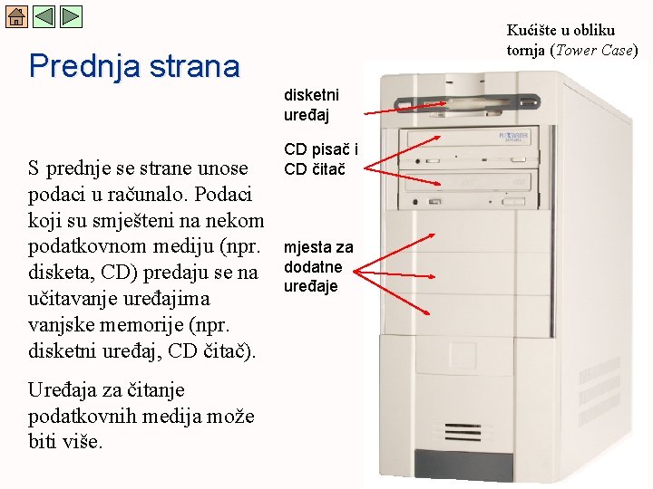 Kućište u obliku tornja (Tower Case) Prednja strana disketni uređaj S prednje se strane