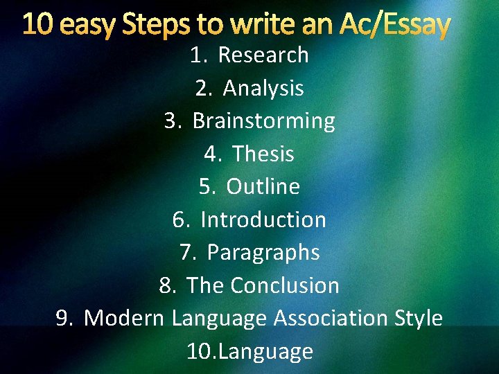 10 easy Steps to write an Ac/Essay 1. Research 2. Analysis 3. Brainstorming 4.
