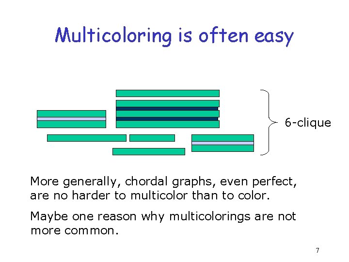 Multicoloring is often easy 6 -clique More generally, chordal graphs, even perfect, are no