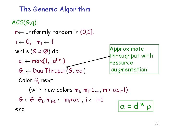 The Generic Algorithm ACS(G, q) r uniformly random in (0, 1]. i 0, mi