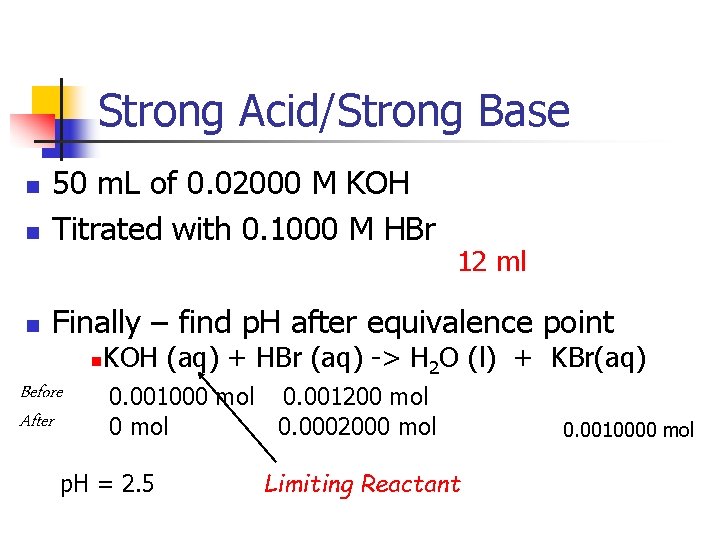 Strong Acid/Strong Base n 50 m. L of 0. 02000 M KOH Titrated with