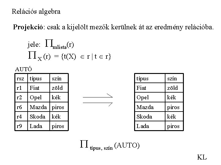 Relációs algebra Projekció: csak a kijelölt mezők kerülnek át az eredmény relációba. jele: mlista(r)