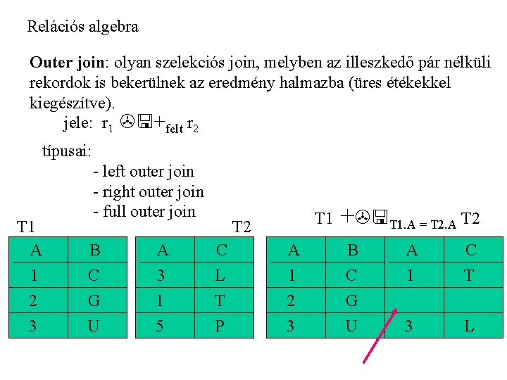 Relációs algebra Outer join: olyan szelekciós join, melyben az illeszkedő pár nélküli rekordok is