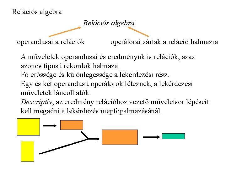 Relációs algebra operandusai a relációk operátorai zártak a reláció halmazra A műveletek operandusai és