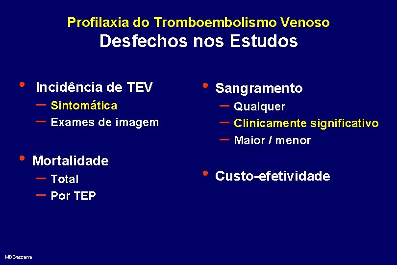 Profilaxia do Tromboembolismo Venoso Desfechos nos Estudos • Incidência de TEV – Sintomática –
