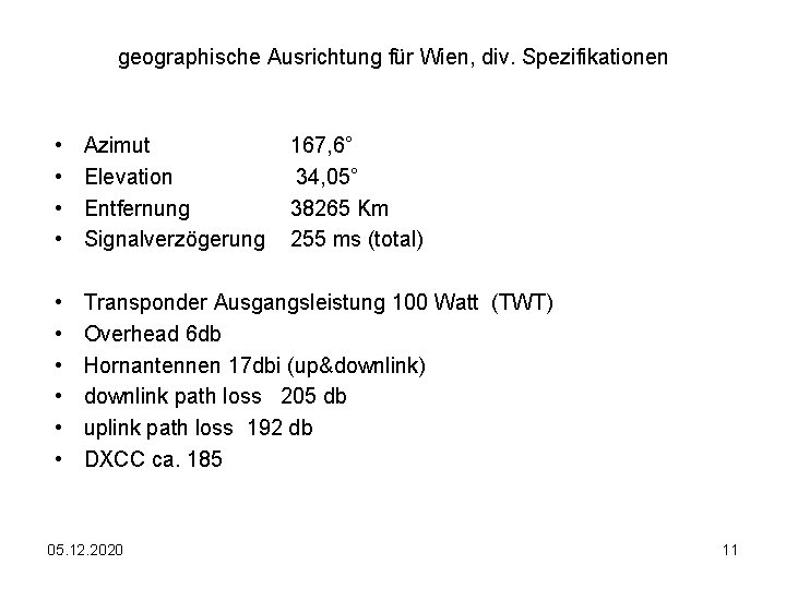 geographische Ausrichtung für Wien, div. Spezifikationen • • Azimut Elevation Entfernung Signalverzögerung • •