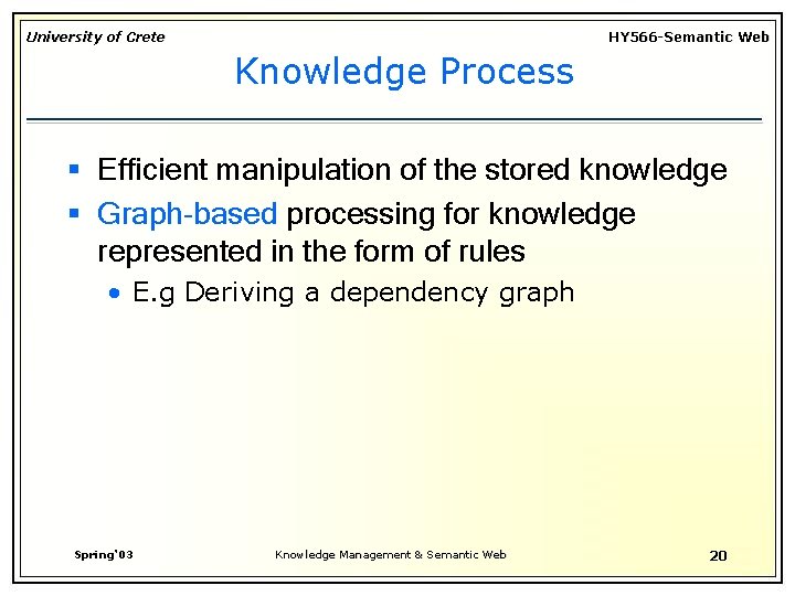 University of Crete HY 566 -Semantic Web Knowledge Process § Efficient manipulation of the