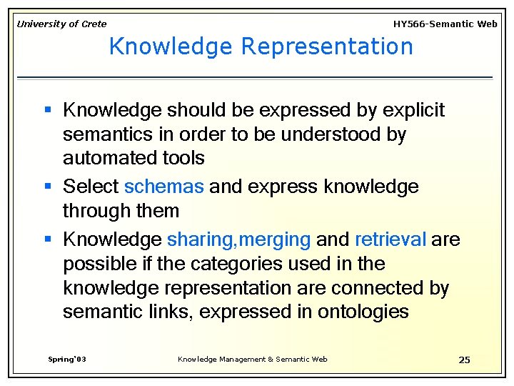 University of Crete HY 566 -Semantic Web Knowledge Representation § Knowledge should be expressed