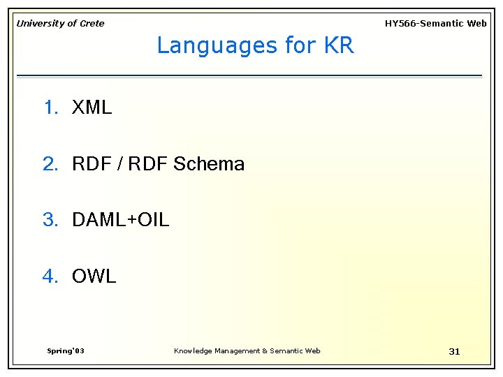 University of Crete HY 566 -Semantic Web Languages for KR 1. XML 2. RDF